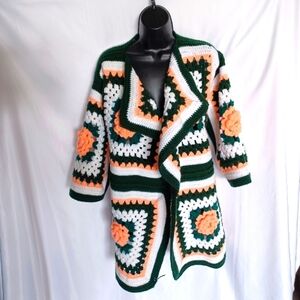 Handmade Crochet Granny Square Cardigan sz Med/large, peach, White, Forest green